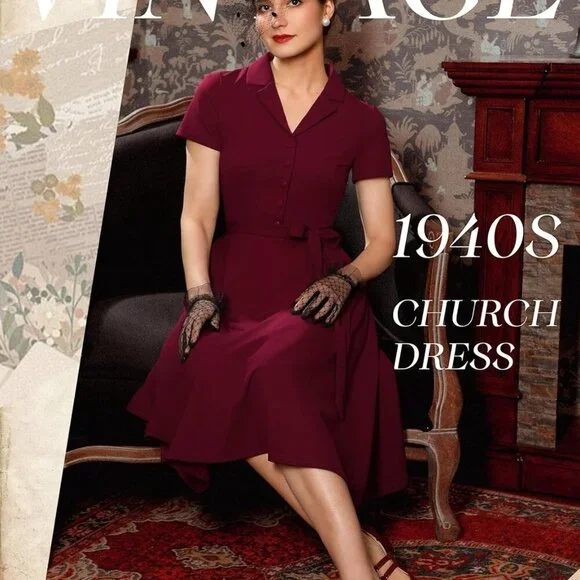 Women's Vintage Tea Dress, Short Sleeve Cocktail Party Dress Work Church  Casual